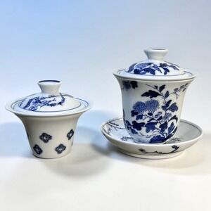 Blue & White Porcelain Gaiwan Tea Cup Set w Extra Lid & Strainer Replacements